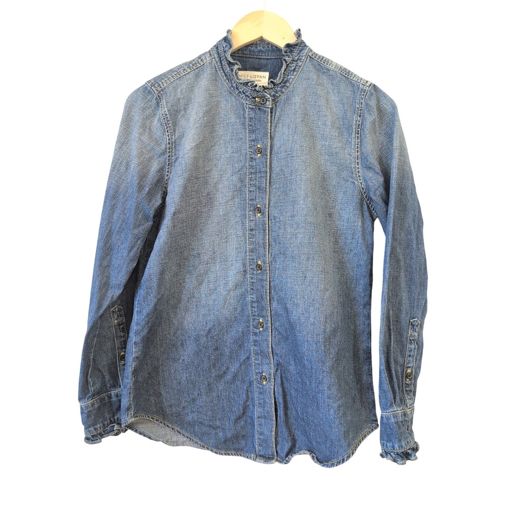 Nili Lotan Classic Wash Lydia Denim Ruffle Collar Shirt Made in USA Small $495 - Picture 3 of 12